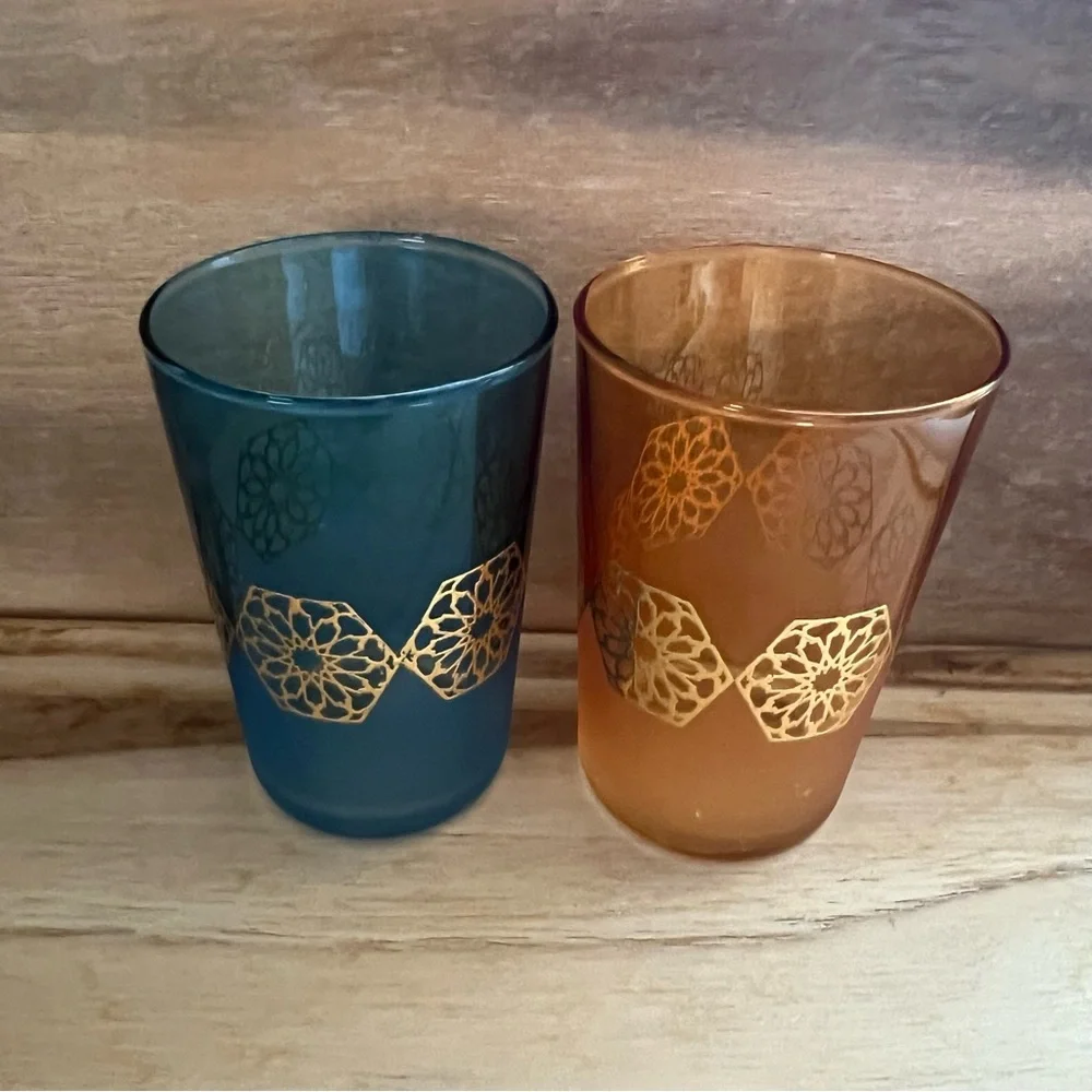 Set of 2 Tradicional Handmade Morrocan Tea Glasses Mandela Colored Gold & Blue